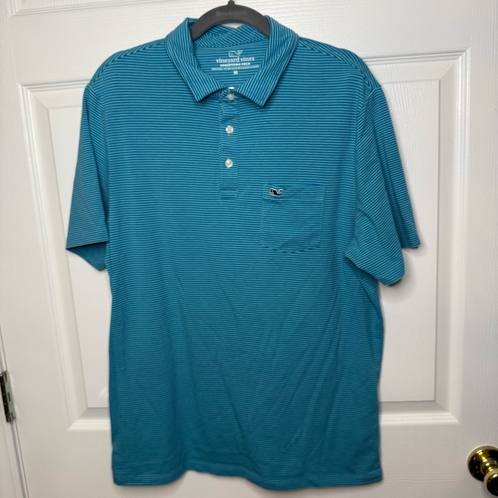 Vineyard Vines Edgartownm Polo Pima Cotton Mens Size Medium Blue Teal Stripe GUC